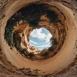 a hole in a rock showing the sky and trees