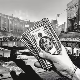 black and white image of a hand holding a pile of cash,a person holding a stack of dollars in their hands