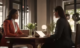 two women sitting at a table with papers and laptop