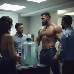 a man with muscles standing in front of two other people
