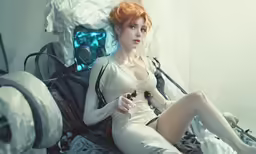 a girl in white dress next to an odd looking item