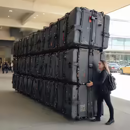 woman leaning up against the wall of black luggage