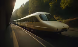 a white train traveling along side of a forest