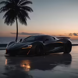 a sports car sits parked in front of a palm tree