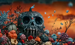 a painting shows an evil skull surrounded by different types of flowers and plants