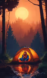 a person sitting in a tent in the woods at sunset,a woman sits in a tent by a creek at sunset