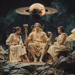 three women sitting on a bench in front of a science fiction scene