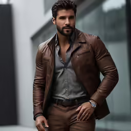 a young man in a leather jacket stands near a building