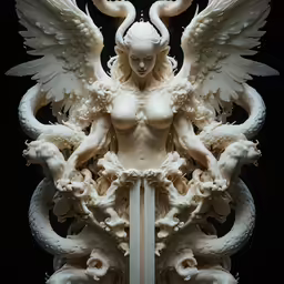 white woman with dragon wings and an ornate statue