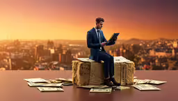 a person sitting on a stack of money looking at a digital tablet,a man in a suit sits on stacks of gold dollars, looking at a tablet computer
