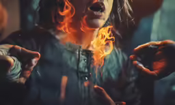 a woman in dress with fire and flames on her face