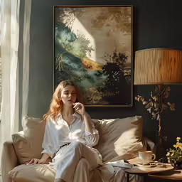 the woman in the pajamas is sitting on the couch