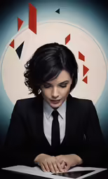 a woman in a suit writing with her hand on a tablet computer