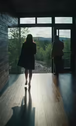 a person that is walking toward a glass door