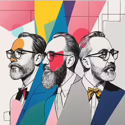 a painting of three men wearing ties, on a multicolor background