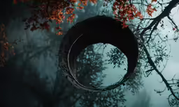 a circular object suspended from the tree in front of some leaves