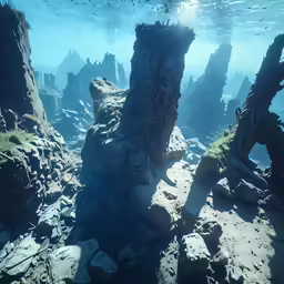 a body of water with rock formations and rocks under the water