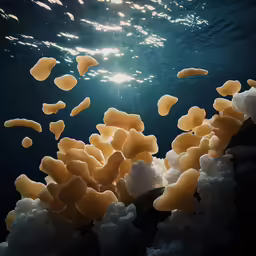 an underwater picture of seaweed, on water with light reflecting off of the ocean