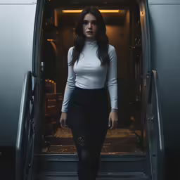 the model is seen standing on the stairs