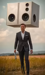 a young man carrying speakers on his shoulders