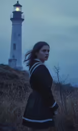 the young woman is standing in front of the lighthouse