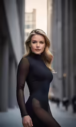 a beautiful young woman in black dress poses on the sidewalk