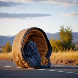a large backpack sits on the road in the middle of nowhere