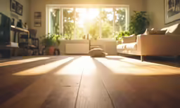 a wood floor with a sunlit window in the background