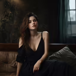 a woman in a dress sitting on a couch