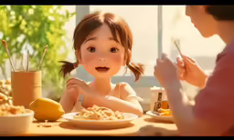 the child is sitting at a table eating