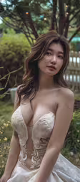 a young woman wearing a bridal gown posing in the grass,a young woman in white dress posing for a photo