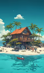 an island in the ocean with people near it