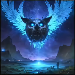 a digital painting of a bird with bright glowing eyes