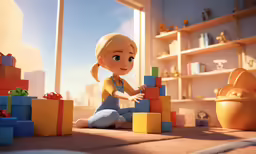 a woman in a living room playing with blocks