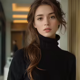 a woman with a high necked top posing for a portrait