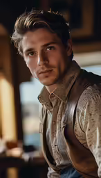 a man with leathers sitting down in a brown vest