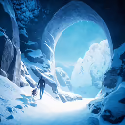 a man standing at the end of a cave