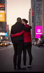 two people stand embracing on a city street in new york city