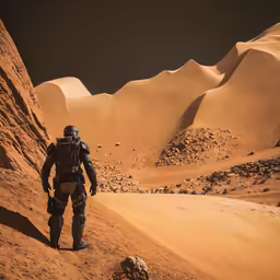 a man standing in the desert near a mountain