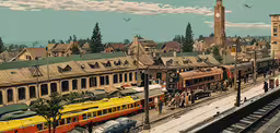 a train pulls into a station full of trains,an old city has many trains passing by