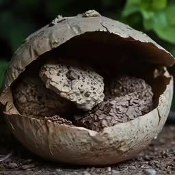 a nut shell on a floor covered with shells