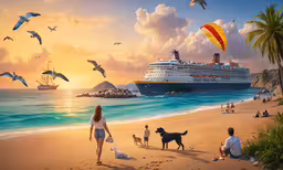 the woman is walking her dog along the beach with her two children and their dogs,people on a beach with a cruise ship in the distance