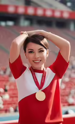 a woman holding her head with a medal in her hand