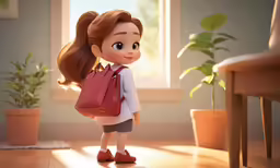 a young girl in glasses and dress carries a red backpack