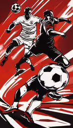 a couple of people are kicking around some soccer balls,a red and black painting of men playing soccer