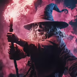the girl is wearing a witch hat and holding a wand
