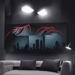 a living room with dark lighting and a painting on the wall