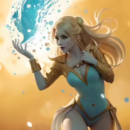 a woman with blonde hair, wearing an unusual outfit and holding a crystal ball