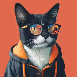 a black and white cat with sunglasses and hoodie