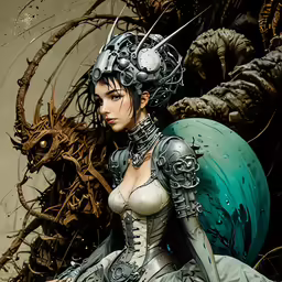 a girl wearing a crown and a costume is sitting next to vines